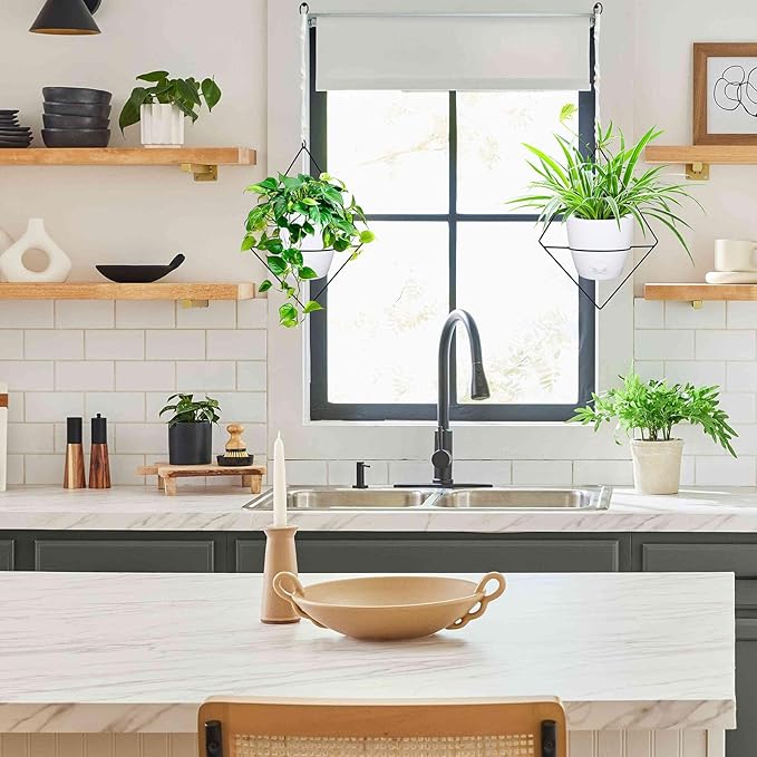 Hanging Planters for Indoor Plants, 2 Set Self Watering Hanging Flower Pots, Modern Hanging Plant Baskets with Metal Plant Holder & 6.5 Inch Plastic Pots for Garden Home Decor (White)