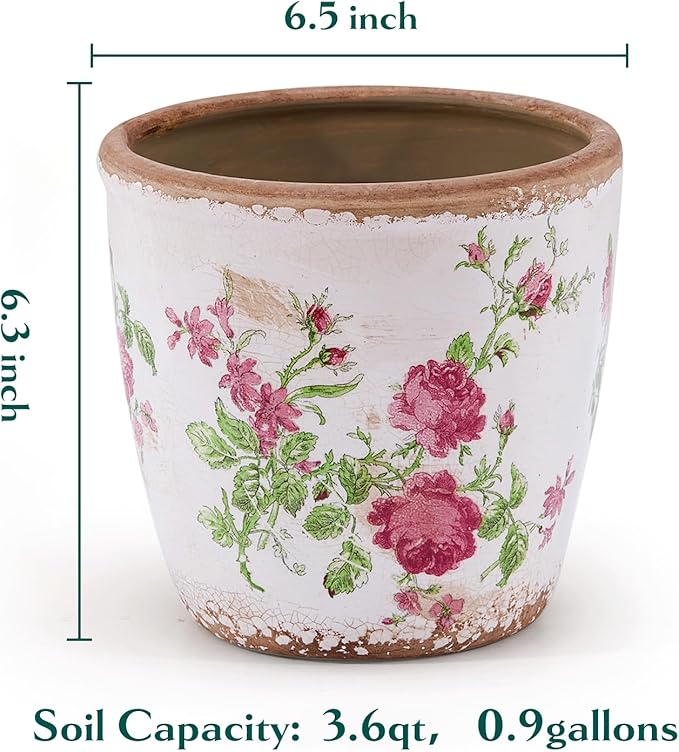 Vintage Ceramic Planter with Drainage Hole, Plastic Tray & Mesh, 6.5 Inch - Indoor/Outdoor Flower Pot, Pink Floral Rustic Farmhouse Design Plant pot for Home, Office & Garden Décor, Ideal Gift