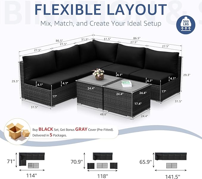 NICESOUL 7 Piece Modern Outdoor Patio Furniture Set, Extra Large Grey Wicker Patio Modular Conversations with Tables, All-Weather Deep Sofa Couches for Backyard Deck, 2 Color Cushion Black & Gray