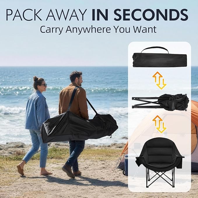 Oversized Camping Chair for Adults - Heavy Duty Outdoor Padded Large Lawn Camp Chair with Cup Holder Cooler Pockets for Sports Beach Fishing Garden Portable Supports 500lbs, AllBlack 2 Pack