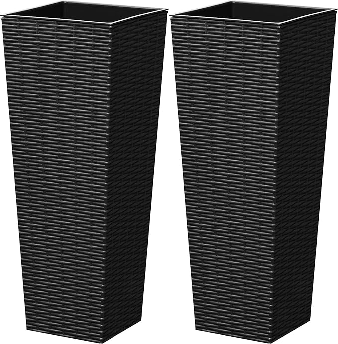 Greesum 24 Inch Tall Plastic Planters (Set of 2), Detachable Inner Pot & Drainage Holes, Outdoor Decorative Flower Pots for Large Plants, Trees, Patio, and Garden, Black