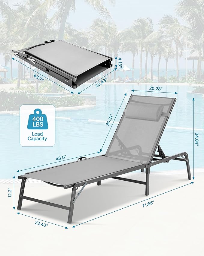 2 Pack Foldable Chaise Lounge Chair with Cup Holder, Assemble-Free Outdoor Lounge Chair with Detachable Pillow and 6 Adjustable Backrest, Patio Lounge Chair for Outside Poolside Beach Pool, Grey