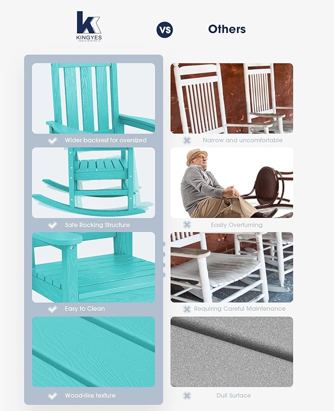 KINGYES Oversized Outdoor Rocking Chair, All-Weather Patio Rocking Chairs for Porch, HDPE Outdoor Patio Rockers with High Back & Wide Seat for Garden, Lawn, Aruba