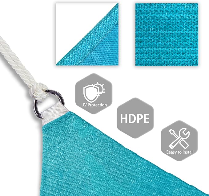Patio Paradise 27' x 27' x 27' Sun Shade Sail Triangle Canopy Shade Cloth Fabric Sunlight Block Patio Pergola Cover HDPE Deck Awning for Outdoor Backyard Roof Shading, Turquoise