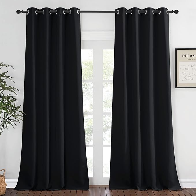 NICETOWN Black Out Room Darkening Curtain - (Black Color) Thermal Insulated Modern Window Covering Soundproof Drape Panel for Bedroom, W52 x L95 Inch, 8 Grommets Top, 1 Piece
