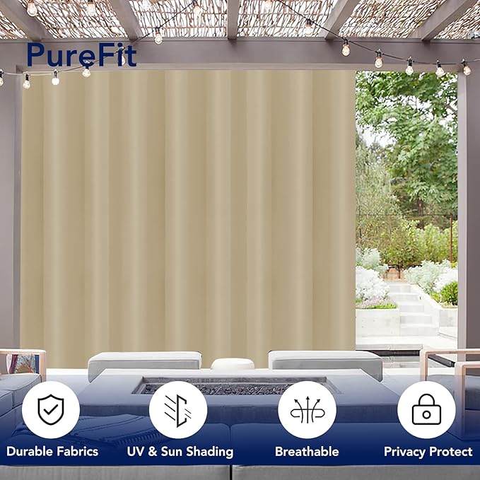PureFit Outdoor Curtains for Patio Waterproof Weatherproof, UV Resistant Outside Curtains for Gazebo, Front Porch, Pergola, Sun Blocking Privacy Curtain, 150W x 84L inch, 1 Panel, Beige