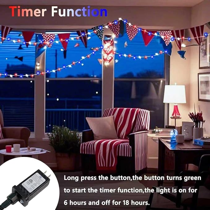 4th of July Decorations Red White and Blue Lights, 200 LED 66FT String Light Plug-in, 8 Modes 4th of July Lights for Indoor Outdoor Independence Day Memorial Day American Flag Patriotic Holiday Decor