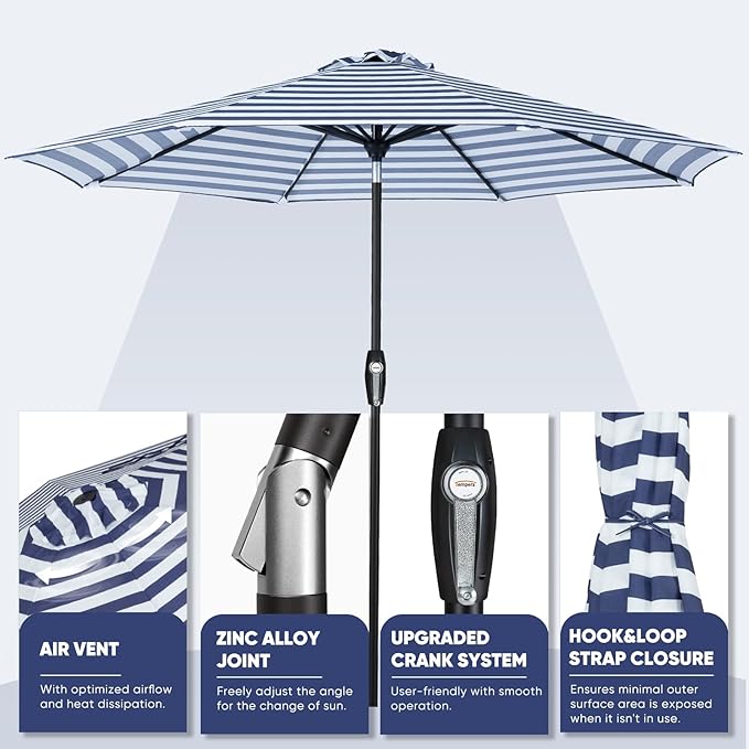 Tempera Patio Market Outdoor Table Umbrella with Auto Tilt and Crank, Large Sun Umbrella with Sturdy Pole & Fade Resistant Canopy, Easy to Set