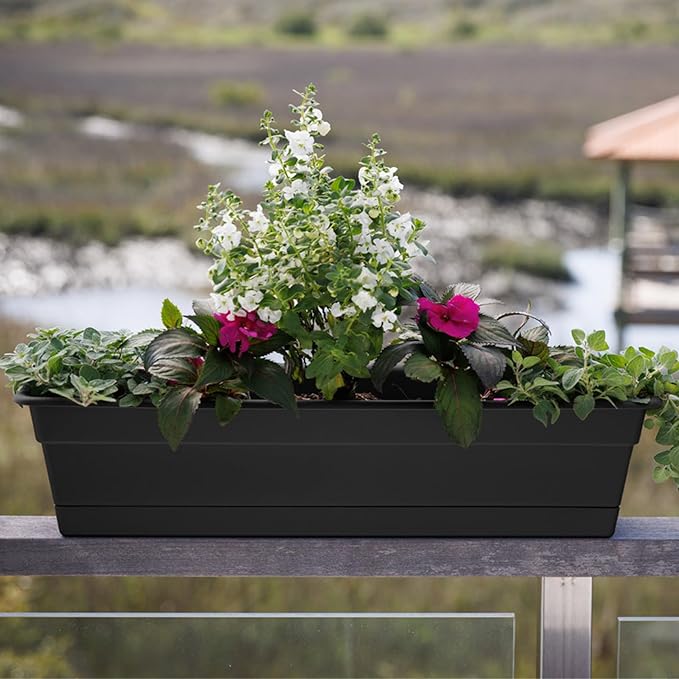 Bloem Dura Cotta 18" Black Resin Rectangle Window Box Planter with Saucer Tray for Indoor and Outdoor Gardening