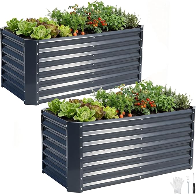 4x2x2ft (2 Pack) Raised Garden Bed - Galvanized Deep Root Planter Boxes Outdoor with Wing Nuts and Safety Edges for Gardening Vegetables, Flowers, Herbs, Succulents - Gray