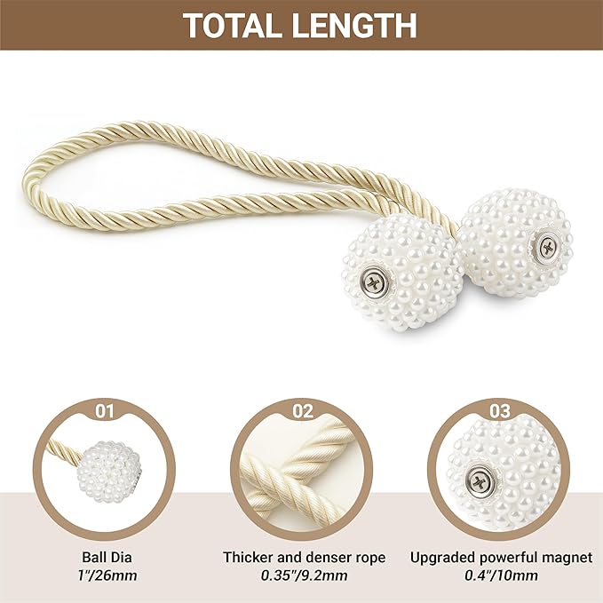 Hion Magnetic Curtain Tiebacks Beige 2pcs, Curtain Tiebacks Buckles Holdbacks Holders Hooks Clip for Home Bedroom Office Decorative Curtain