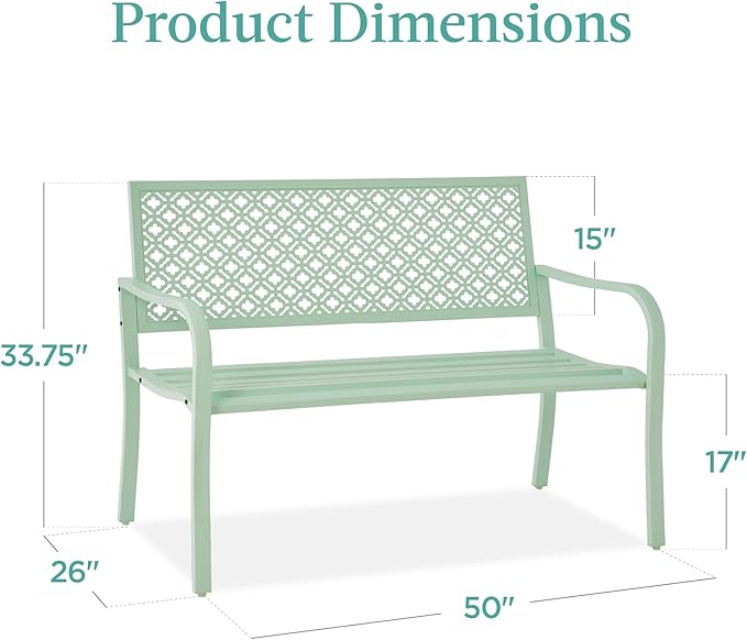 Best Choice Products Outdoor Bench 2-Person Metal Steel Benches Furniture for Garden, Patio, Porch, Entryway w/Geometric Backrest, 790lb Capacity - Mint Green