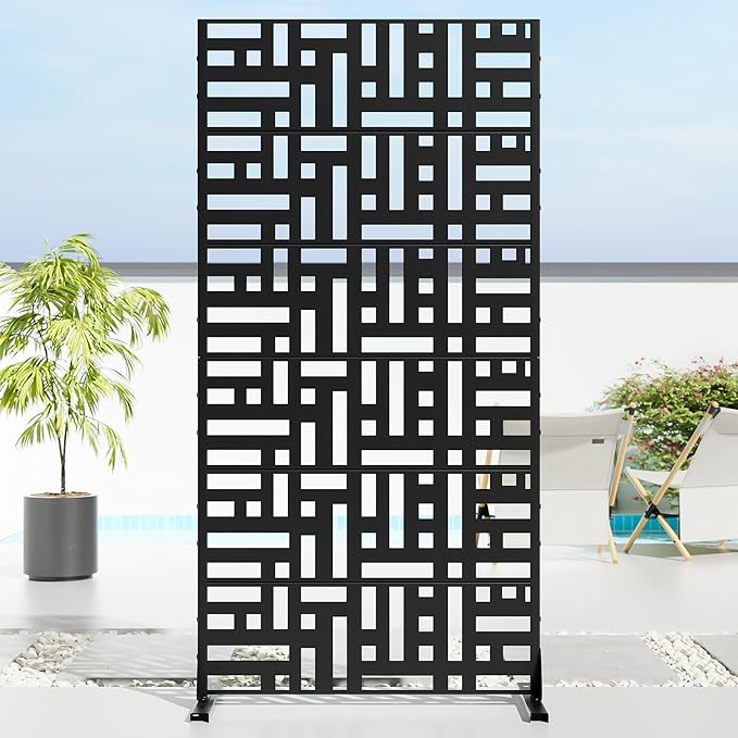 Casaphoria 72" H x 35" W Metal Privacy Screen, Outdoor Freestanding Decorative Divider for Patio, Deck, Balcony, and Garden with Stable Base, Black-Helen