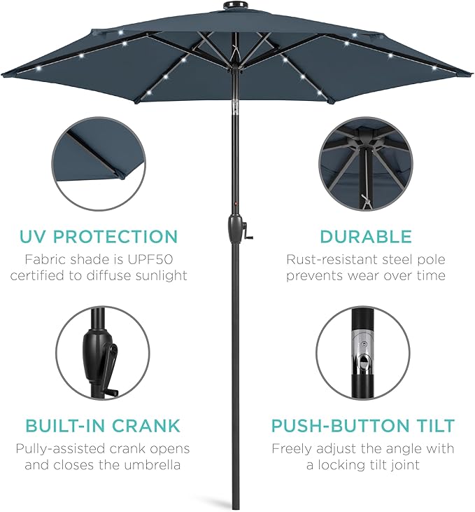 Best Choice Products 7.5ft Outdoor Solar Market Table Patio Umbrella for Deck, Pool w/Tilt, Crank, LED Lights - Slate Blue