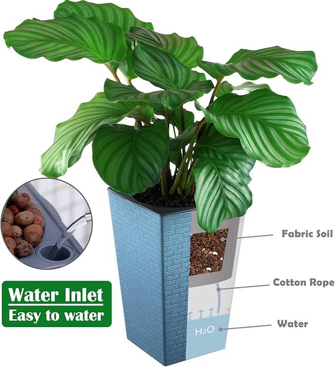 2 Pack Self Watering Planters 10.7" x 6.9" Planter for Indoor Plants Self Watering Violet Pots Plastic Flower Pots Square Planter with a Bag of Clay Pebbles, Blue