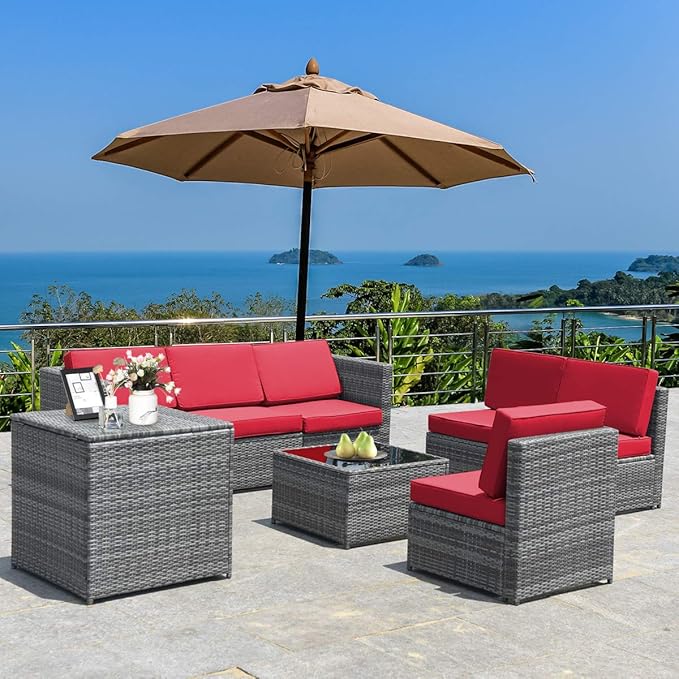 Tangkula 8 Pieces Wicker Patio Furniture Set with Storage Deck Box, PE Rattan Outdoor Sectional Sofa Conversation Set with Coffee Table & Cushions, Outside Furniture for Garden Yard Poolside (Red)