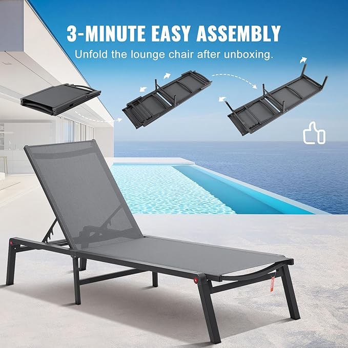 VEVOR Chaise Lounge Chair Outdoor, Aluminum Patio Lounge Chairs with Adjustable 5-Position, Folding Pool Chair Recliner and Full Flat Tanning Chairs for Patio, Beach, Pool, Dark Grey