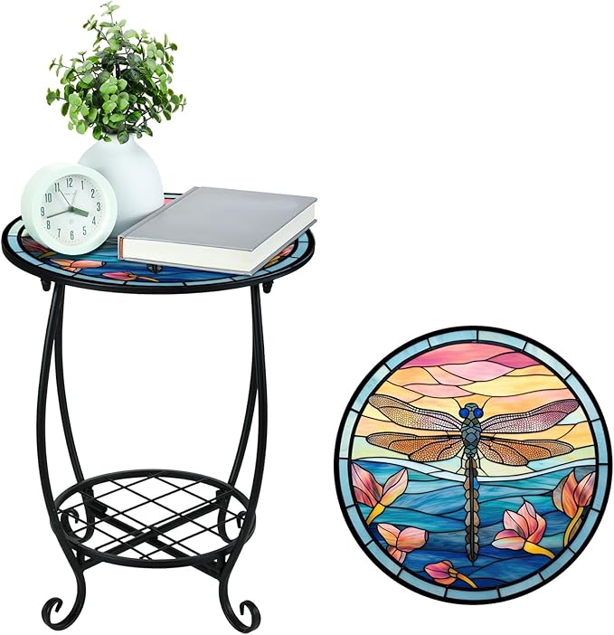Outdoor Side Table Round Small Mosaic Patio Accent Indoor End Plant Coffee Tea Table for Yard Patio Porch Garden Living Room, Bedroom(Dragonfly Style,12 Inch)