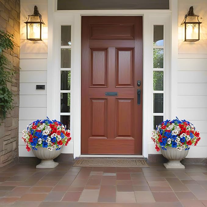 18 Pcs Artificial Fake Pansy Flowers for Outdoor, UV Resistant Faux Silk Pansies Patriotic Flowers for Outside for Planter Front Door Porch Patio Window 4th of July Home Decor (18, Red, White, Blue)