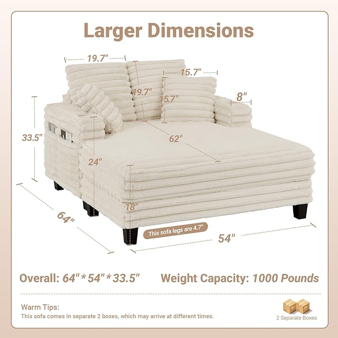 64" Chaise Lounge Chair Indoor, Oversized Sleeper Chair with Wood Frame, Upholstered Sofa Bed for Living Room, Movie Room, Bedroom with 4 Storage Pockets&2 Cup Holders(Plush Corduroy, Beige)