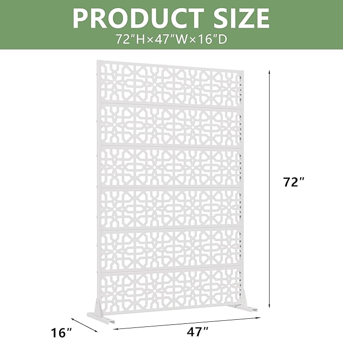 Casaphoria Metal Privacy Screen Outdoor, 72" H x 47" W Freestanding Decorative Privacy Screen for Patio Deck Balcony Garden with Stable Base, White-Perilla