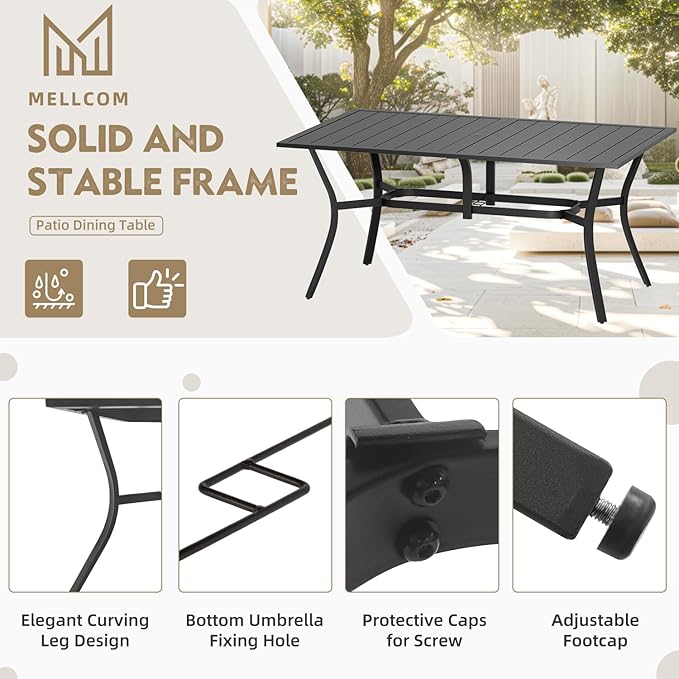 MELLCOM 63''x38'' Outdoor Dining Table for 6, E-Coating Metal Patio Dining Table with 1.57'' Umbrella Hole, All-Weather Black Rectangular Table for Porch, Garden, Backyard, Poolside, Lawn
