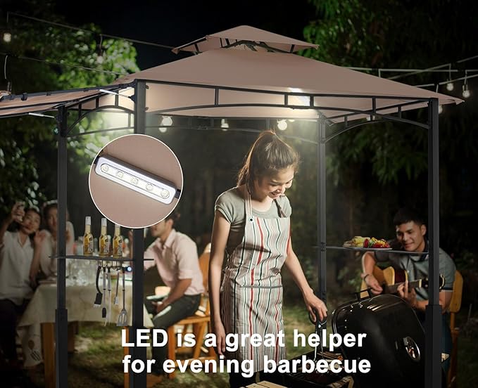 ABCCANOPY Grill Gazebo with Extra Awning - 11x5 Outdoor BBQ Canopy Shelter with 2 Led Lights for Patio Backyard Grilling (Khaki)