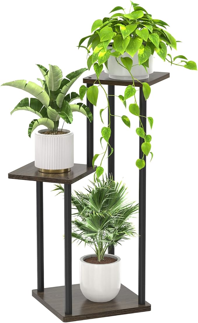 3 Tier Plant Stand Indoor Outdoor, Wood Metal Flower Shelf Pot Holder Clearance, Tall Multiple Plants Corner Rack Aesthetic Organizer for Patio Orchid Office Porch Living Room Garden, Black Oak