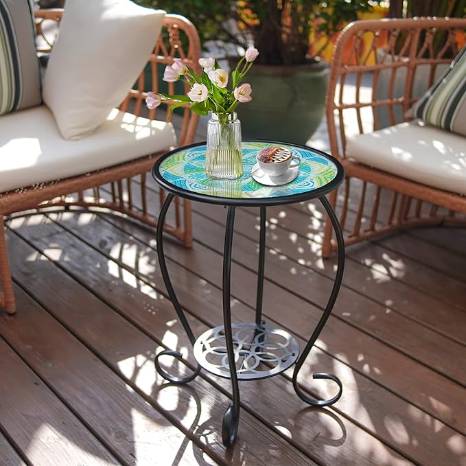 LIFFY Mosaic Outdoor Side Table, 14" Round Flower Patio Side Table, Mosaic Plant Stand, End Table W/Storage Shelf, Small Bistro Coffee Table for Garden Yard Porch Living Room