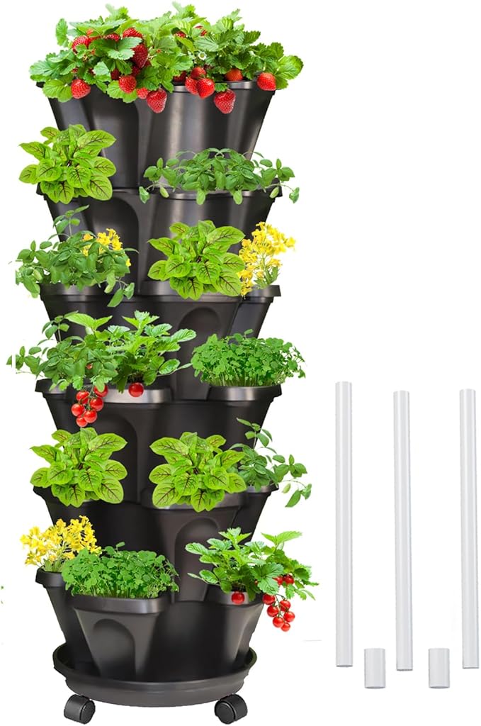 6 Tiered Strawberry Planters, Vertical Garden Tower, Stacking Planter with Support Pole, Stackable Herb Vegetable Planters Indoor and Outdoor - Black
