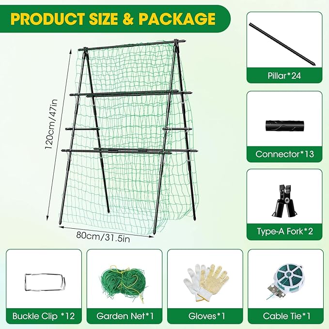 Cucumber Trellis, 31''X47'' A-Frame Cucumber Trellis for Raised Bed with Climbing Net, Metal Garden Trellis for Climbing Plants for Cucumber,Tomato, Grapes and Flowers