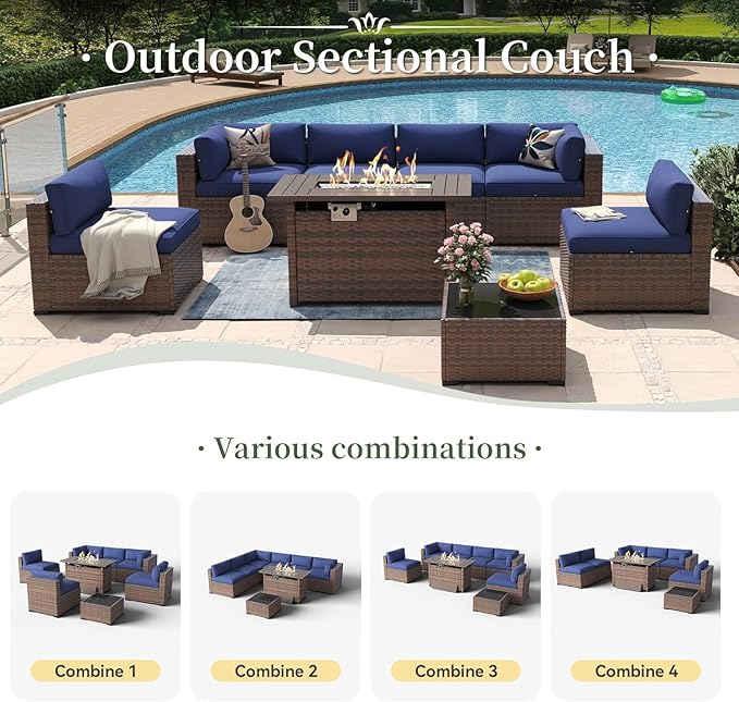 Aoxun 8-Piece Outdoor Patio Furniture Set - 44” Fire Pit Table, Durable Wicker Rattan Sectional Sofa with Coffee Table, Comfy Thickened Cushions, Blue (Waterproof Cover Included)