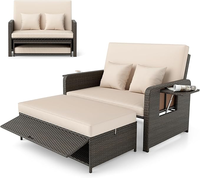 LDAILY Moccha Outdoor Daybed, Wicker Loveseat Sofa Set with 4-Postion Adjustable Backrest, Storage Ottoman, Cushions, Rattan Double Bed Lounger, Patio Furniture Set (Beige)