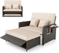 LDAILY Moccha Outdoor Daybed, Wicker Loveseat Sofa Set with 4-Postion Adjustable Backrest, Storage Ottoman, Cushions, Rattan Double Bed Lounger, Patio Furniture Set (Beige)