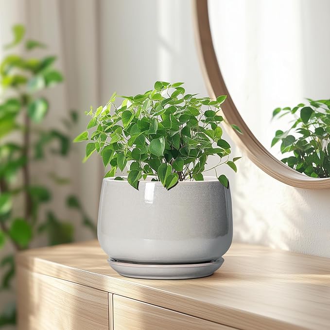 G EPGardening Ceramic Plant Pots - 7 Inch Plant Pot with Drainage and Saucer, Ceramic Planters for Indoor Outdoor Plants, Modern Round Planter, Room Decor, Gardening Gifts for Women Men, Light Grey