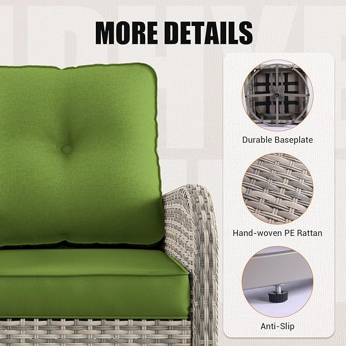 9-Piece Outdoor Patio Furniture Set with Rocking Swivel Chair Wicker Sectional Sofa Set, Patio Conversation Set with Thickened Cushions & Coffee Table for Garden, Backyard, Avocado Green
