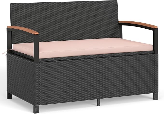 Tangkula 46 Gallon Outdoor Bench with Storage, Outdoor PE Rattan Storage Bench with Cushion, Backrest & Acacia Wood Armrests, Metal Frame, Waterproof Deck Box Seat for Porch Backyard Poolside