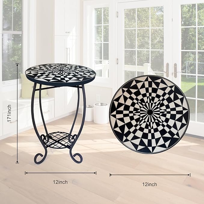 LIFFY Outdoor Side Table,12" Round Ceramic Tabletop Accent Table with Metal Frame, Indoor Small Decorative Plant Stand & End Table for Home, Patio, Garden