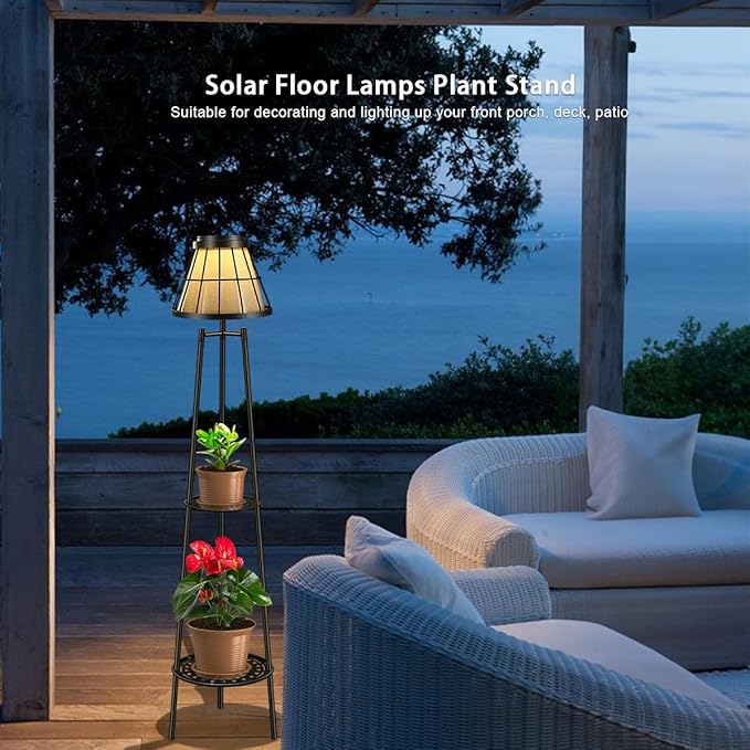 2 Pack 45.5'' Outdoor Floor Lamps with 2 Tier Plant Stand, Solar Powered Metal Waterproof Lights for Patio Deck Yard Garden Porch Decor