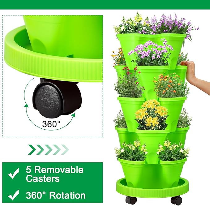 Umigy 2 Set 5 Tier Stackable Planters Vertical Garden Planters for Strawberry Herb Flower and Vegetable Indoor Outdoor Gardening Pots with Removable Wheels and Bottom(Green)