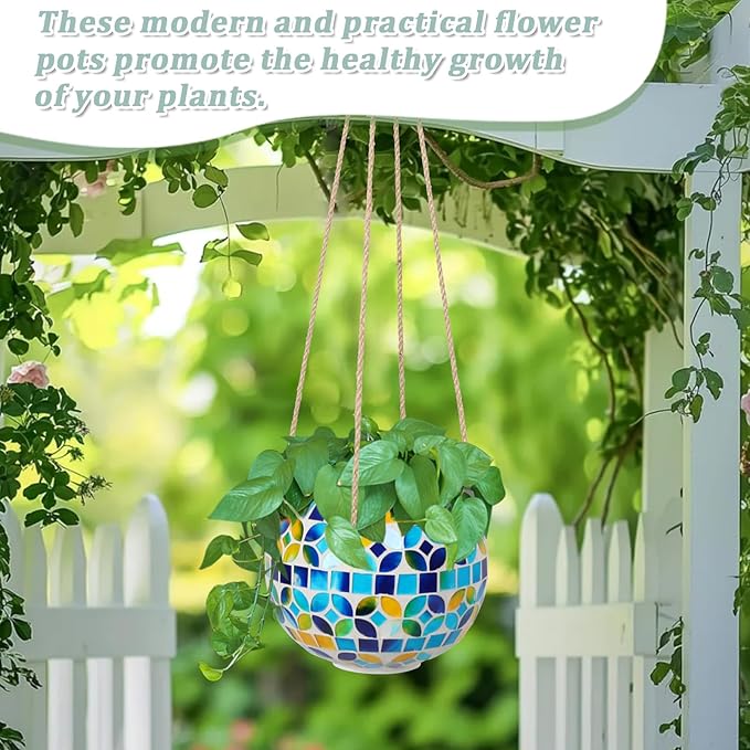 Ceramic Hanging Planter Mosaic Hanging Flower Pot Small Plant Pot for Indoor Plant Disco Ball Planter with Drainage Square Blue