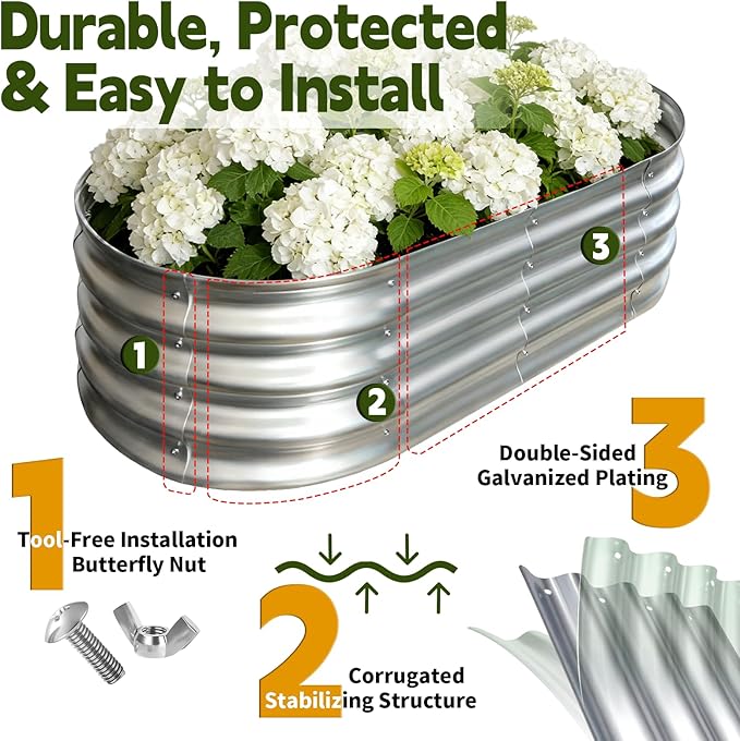 Galvanized Raised Garden Bed Outdoor, Large Raised Bed for Gardening, 2Pcs 4x2x1ft Oval Metal Planter Box for Vegetables, Fruits, Flowers, Silver