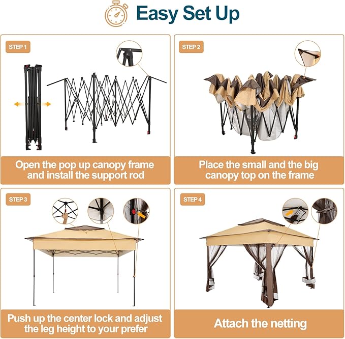 COBIZI 10x10 Pop Up Gazebos on Clearance 11x11 Canopy Tent Easy Up Outdoor Gazebo Waterproof Portable Gazebo with Mosquito Nettings, Double Vented Roof and Carry Bag for Patio Garden Lawn(Coffee)
