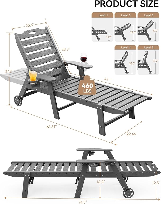 Carauci Lounge Chair Outdoor Set of 2, HDPE Chaise Lounge with Wheels, 5-Position Adjustable Backrest & 2 Cup Holders Patio Lounge Chair, All-Weather Pool Sun Lounger for Poolside, Backyard, Grey