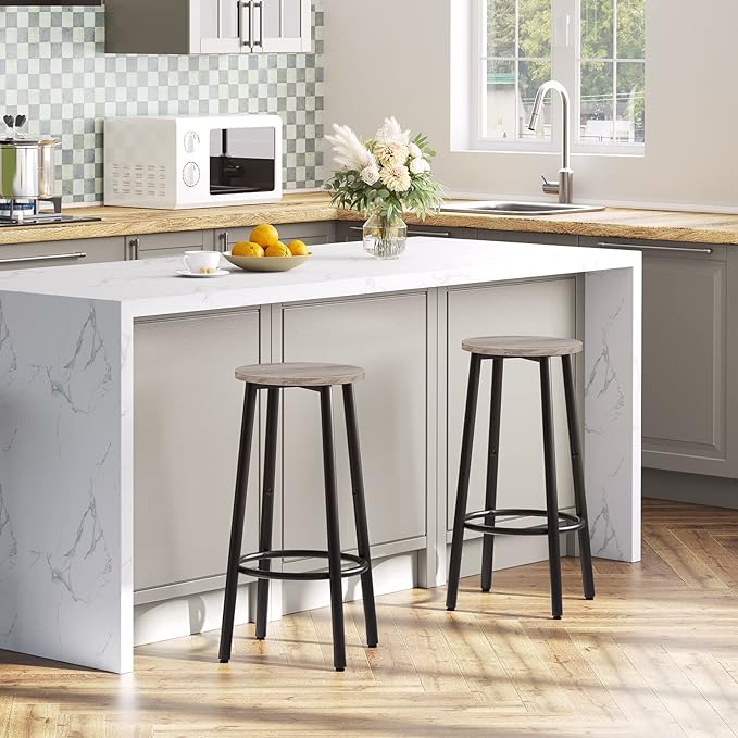 HOOBRO Bar Stools, Set of 2 Bar Chairs, Kitchen Round Height Stools with Footrest, Breakfast Barstools, Sturdy Steel Frame, for Dining Room, Kitchen, Party, Easy Assembly, Greige BG03BY01