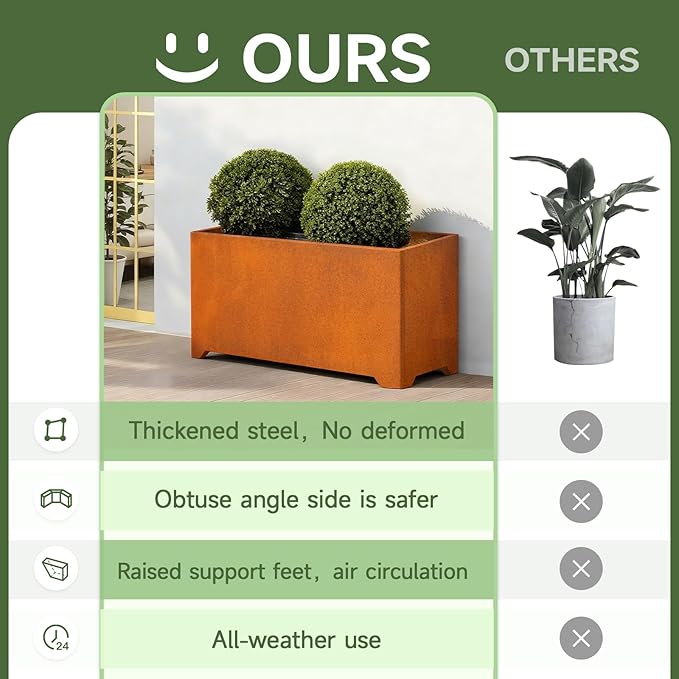 Corten Steel Planter Box-36"x15"x15"-Large Rectangular Planters For Outdoor Plants, Heavy Duty Rustic Tall Planter With Raised Support Feet For Patio, Deck, Garden, Yard, Drain Holes, Easy Assembly