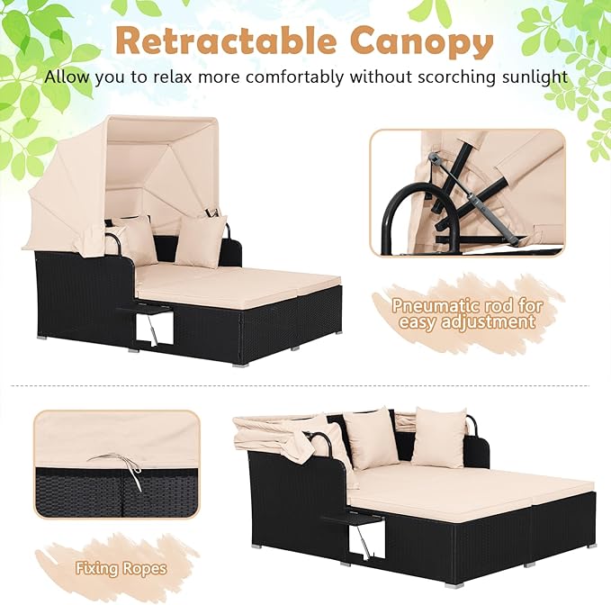 Tangkula Patio Rattan Daybed with Retractable Canopy, Outdoor Wicker Sunbed Lounger with 2 Foldable Side Tables, Thick Seat & Back Cushions, Outside Double Daybed for Garden, Backyard, Porch