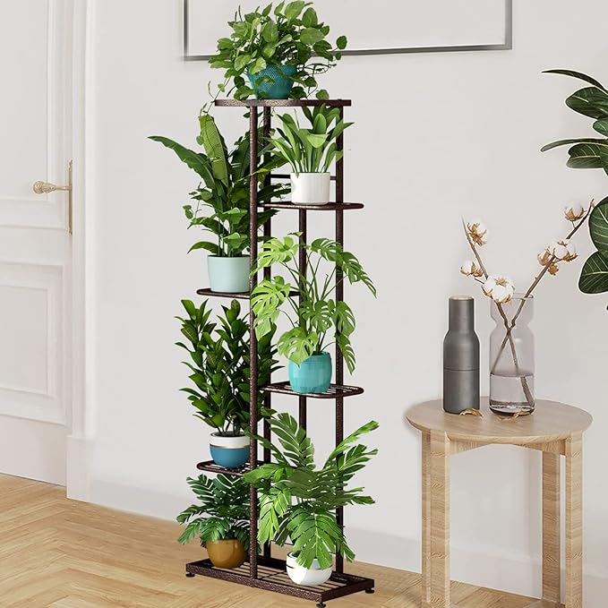LINZINAR Plant Stand Metal 6 Tier 7 Potted Multiple Flower Pot Holder Shelf Indoor Outdoor Planter Display Shelving Unit for Patio Garden Corner Balcony Living Room Bronze