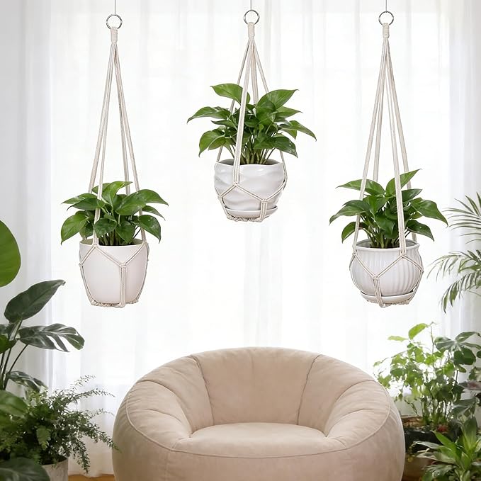 YIBOT 3 Pack Macrame Plant Hanger Indoor Hanging Planter for Plants Holder with 3 Hooks, 35"/29"/23" Size No Tassels for Boho Home Decor, Ivory (POTS NOT Included)