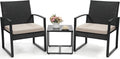 3 Piece Wicker Patio Bistro Set, Rattan Conversation Set with Coffee Table, for Balcony, Porch, Garden, Yard, Poolside, Black Frame with Beige Cushion